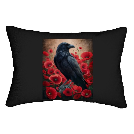 Raven Red Poppies Gothic Nature Art natural Lumbar Pillows