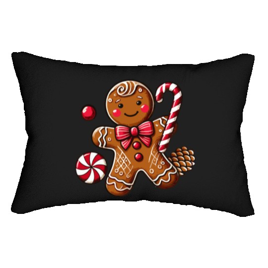 Happy gingerbread man with candy cane Lumbar Pillows