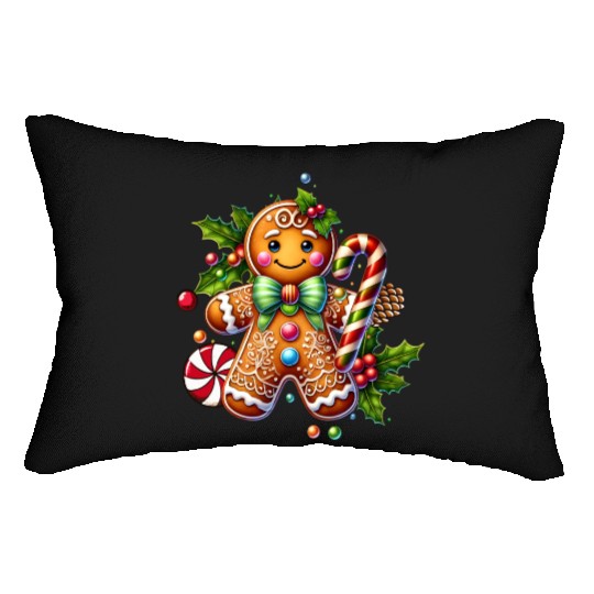 Happy gingerbread man with candy cane Lumbar Pillows