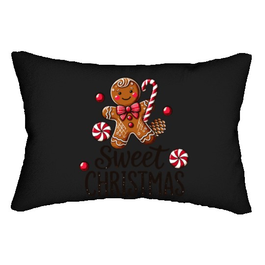 Happy gingerbread man with candy cane Lumbar Pillows