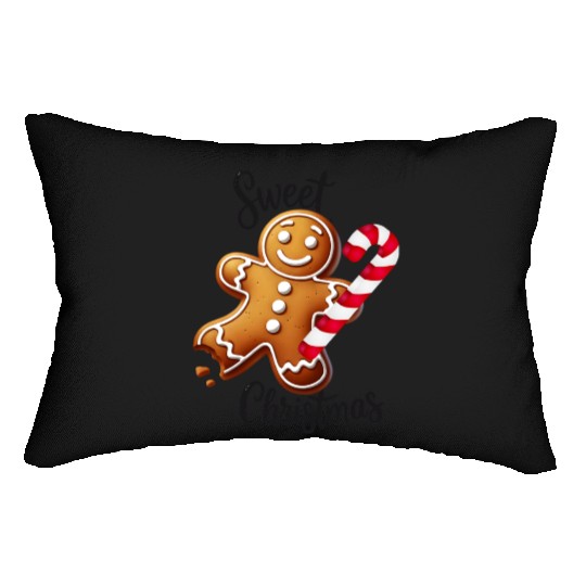 Happy gingerbread man with candy cane Lumbar Pillows