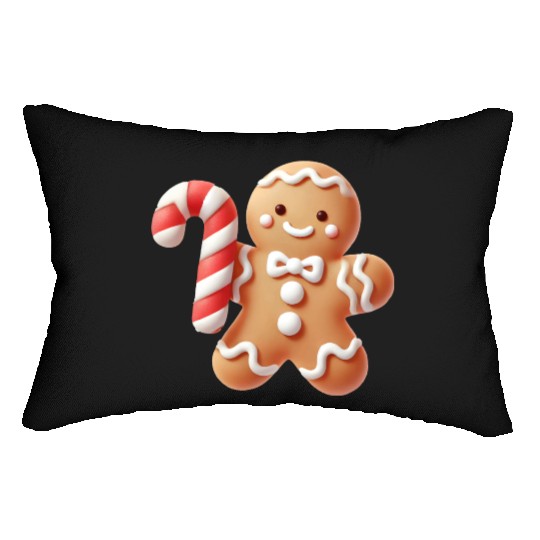 Happy gingerbread man with candy cane Lumbar Pillows