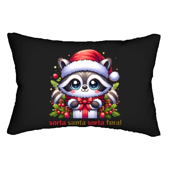 Sorta Santa, Sorta Feral - Cute Christmas Raccoon Lumbar Pillows