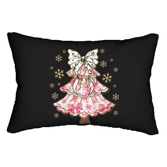 Preppy Pink Coquette Bow Xmas Tree Lumbar Pillows