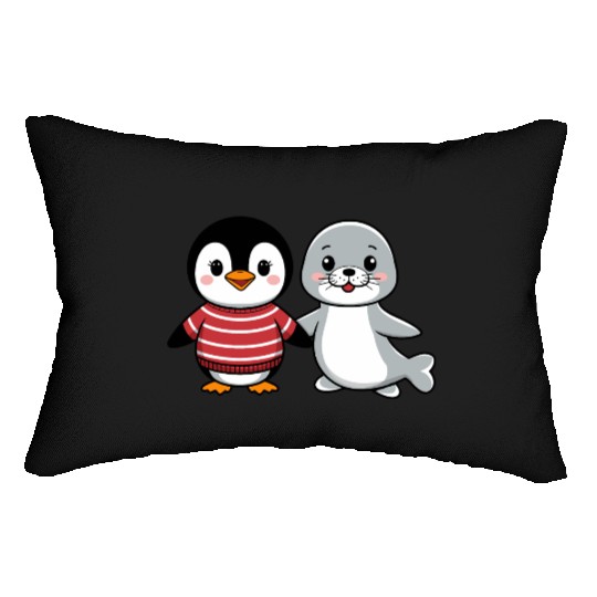 Penguin and Seal Friends holding hands Lumbar Pillows