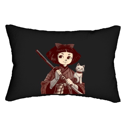 Chibi Samurai Warrior Cat Companion & Blossoms Lumbar Pillows