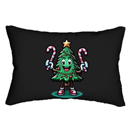 Happy Christmas Tree With Candy Canes Retro Lumbar Pillows