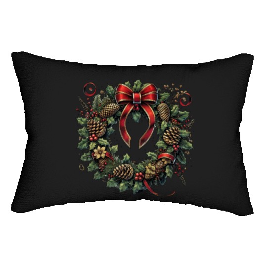 Rustic Christmas Wreath with Holly and Pine Cones Lumbar Pillows