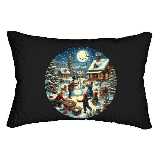 Vintage Christmas Card with Snowman and Children Lumbar Pillows