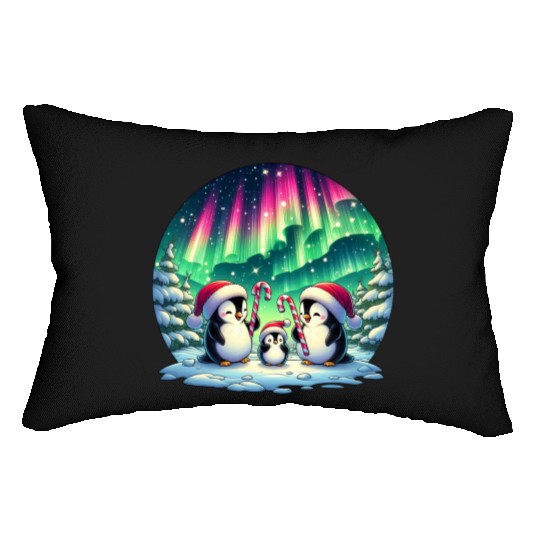 Penguin Family Christmas under the Aurora Lumbar Pillows