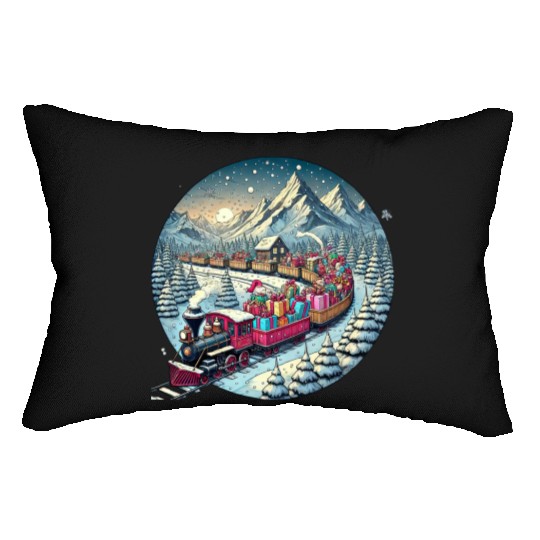 Christmas Train of Gifts through Snowy Peaks Lumbar Pillows