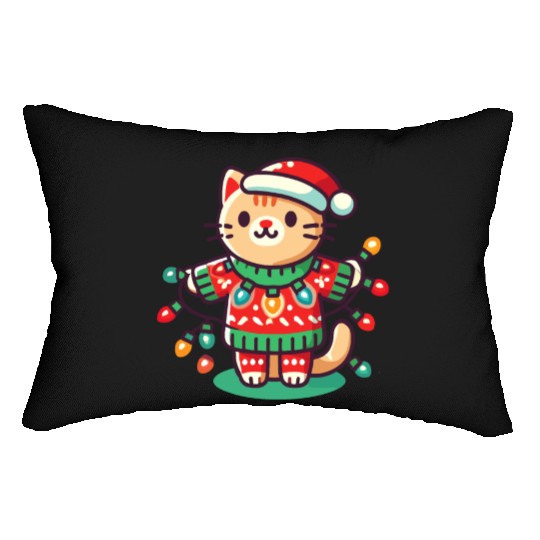 Christmas Cat With Fairy Lights Lumbar Pillows