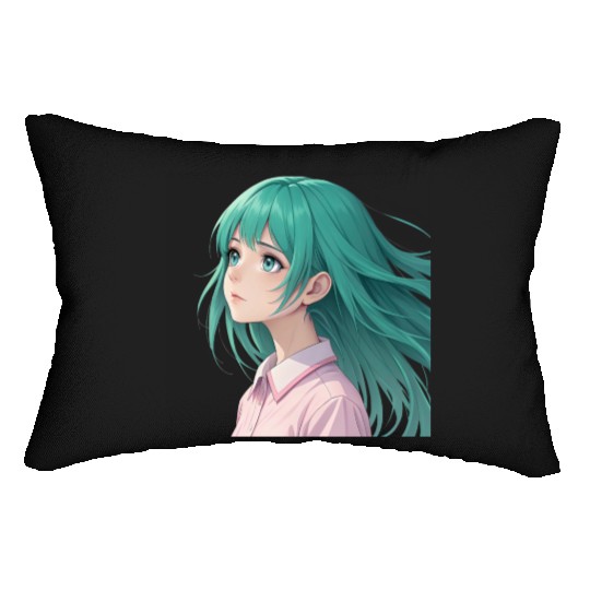 Teal Tresses: A Vision of Anime Serenity and Wonde Lumbar Pillows
