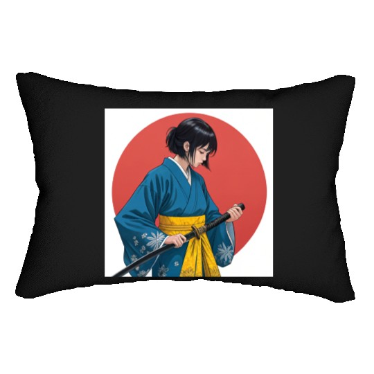 Blossom and Blade: Kimono-Clad Warrior Girl, Japan Lumbar Pillows