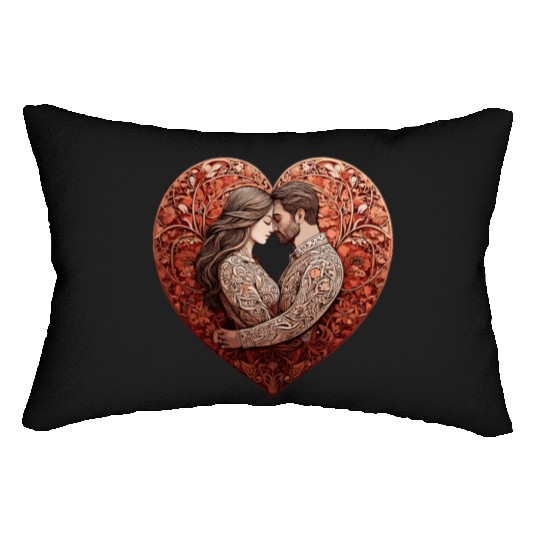 Romantic Couple Embracing in Floral Valentine Hear Lumbar Pillows