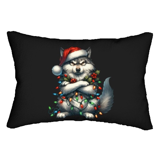 Wolf with Santa Hat and Christmas Lights Design Lumbar Pillows