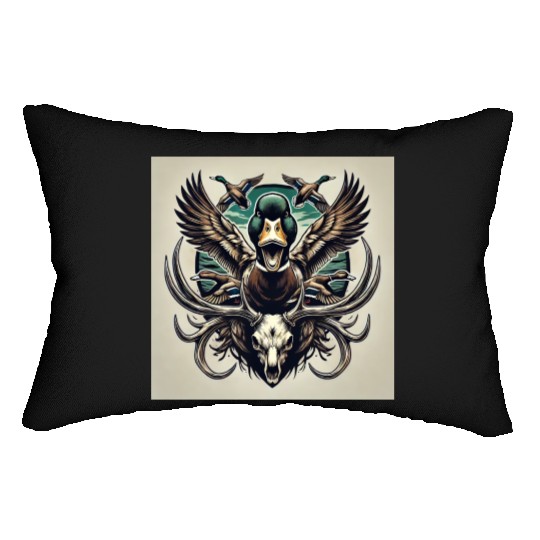 Mallard duck flying over deer skull in marsh Lumbar Pillows