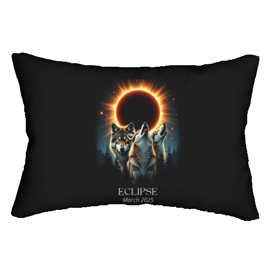 Three Wolves and Solar Eclipse, Forest Wolf Animal Lumbar Pillows