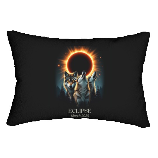 Three Wolves and Solar Eclipse, Forest Wolf Animal Lumbar Pillows