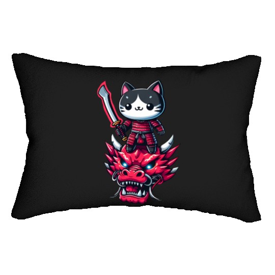 Samurai Cat with Sword on Dragon in Epic 3D Effect Lumbar Pillows