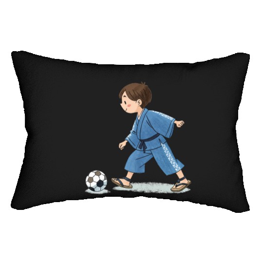 Boy in kimono playing soccer Lumbar Pillows