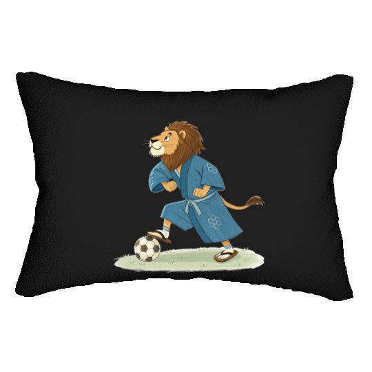 Lion playing soccer in karate kimono Lumbar Pillows