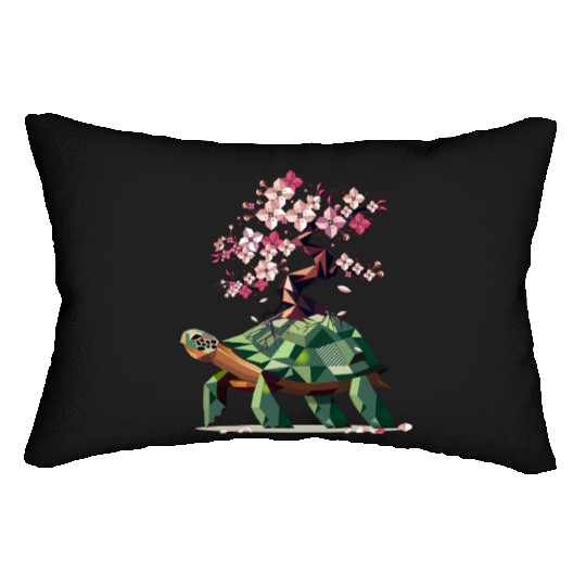 Turtle with blooming cherry blossom bonsai Lumbar Pillows