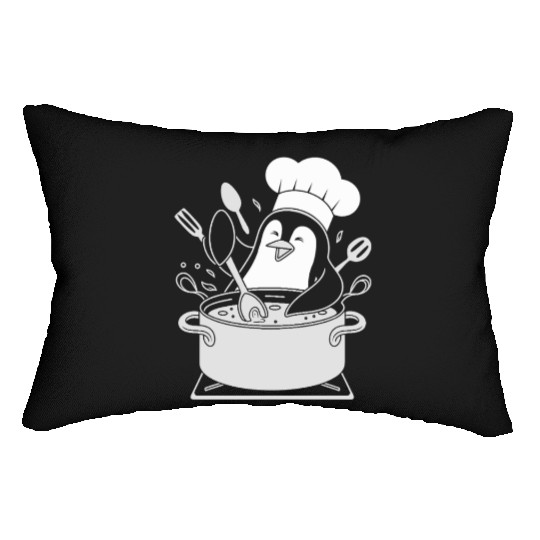 Chef Penguin Cooking with Utensils in Pot Lumbar Pillows