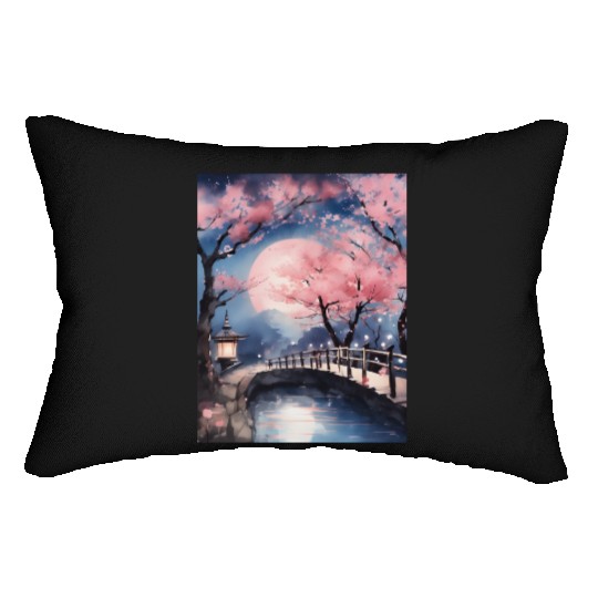 Watercolor cherry blossom festival full moon Lumbar Pillows