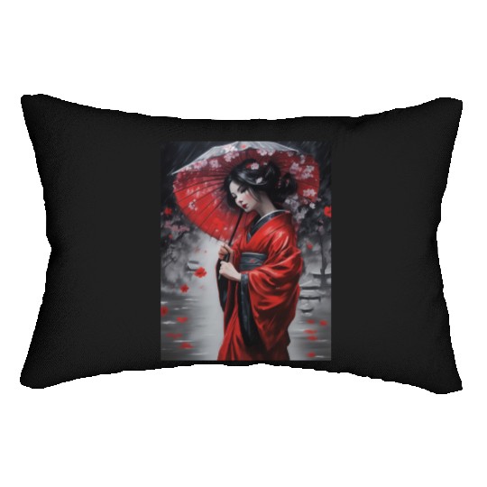 Geisha umbrella rain storm cherry blossoms Lumbar Pillows