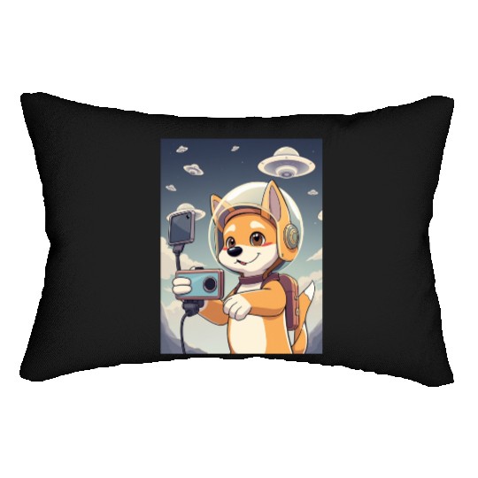 Funny Dog Rescue Anime Selfie with UFOs Weird Lumbar Pillows