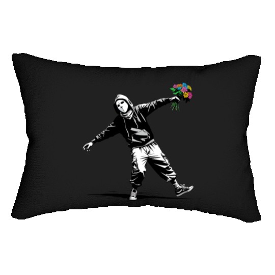 Banksy Protester Throwing Flowers Lumbar Pillows