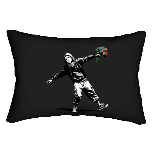 Banksy Protester Throwing Flowers Lumbar Pillows