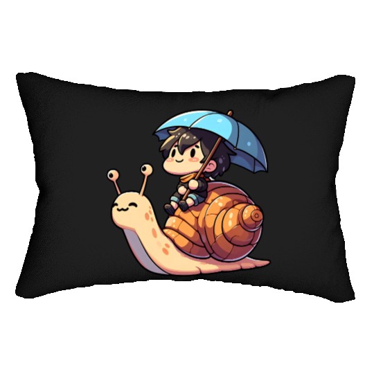 Chibi Snail Rider's Rainy Day Adventure . Lumbar Pillows
