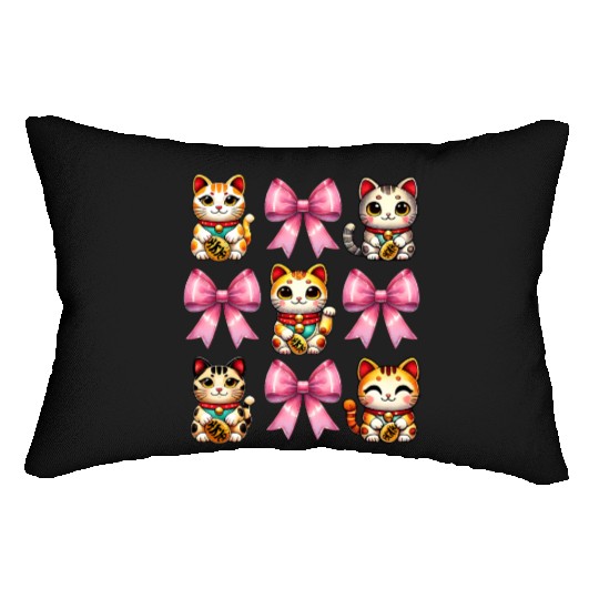 Coquette Bow Maneki Neko Japanese Cat Lucky Pink Lumbar Pillows