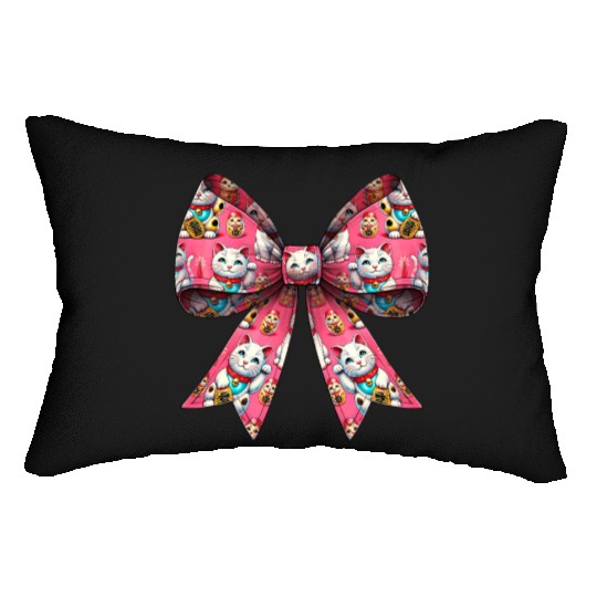 Coquette Bow Maneki Neko Japanese Cat Lucky Pink Lumbar Pillows