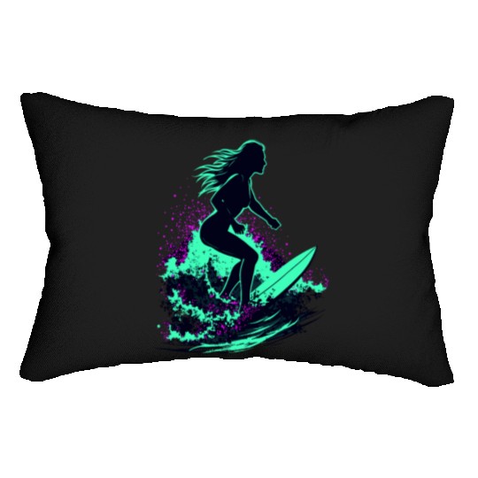 Stylish Female Surfer Surfing Waves Lumbar Pillows