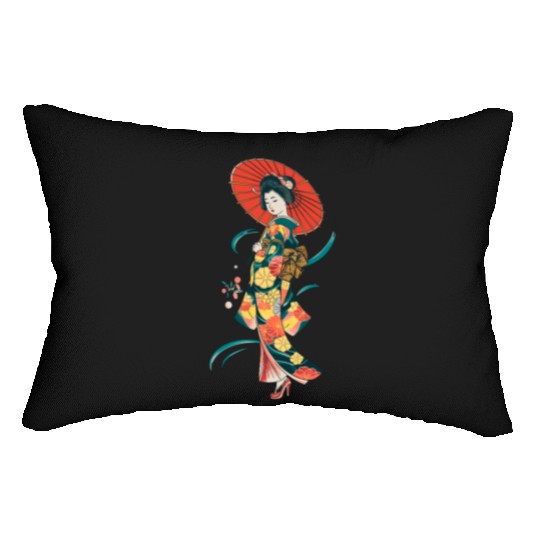Elegant Geisha with Red Parasol and Floral Kimono Lumbar Pillows