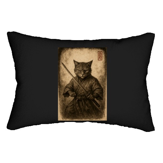Samurai Cat in Vintage Style Lumbar Pillows