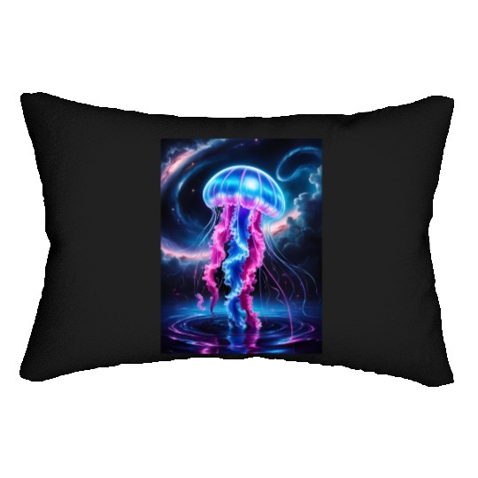 A mesmerizing neon jellyfish gracefully floating Lumbar Pillows