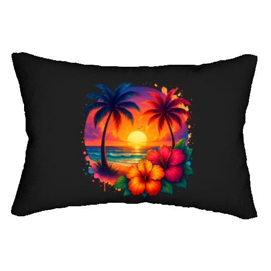 Tropical Sunset Palm Trees and Hibiscus Lumbar Pillows
