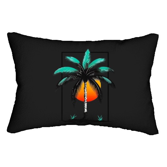 Grayscale Line Drawing Of A Central palm tree Lumbar Pillows