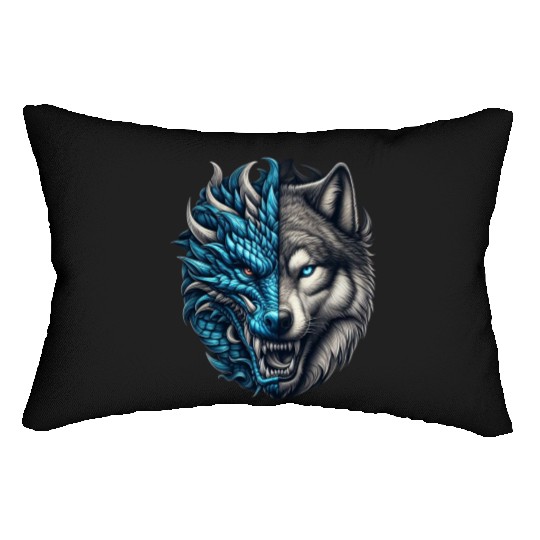 Dragon Wolf Fusion - Epic Beast Split Face Art Lumbar Pillows