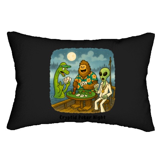 Bigfoot, Nessie and an Alien Play Poker - Cryptid Lumbar Pillows