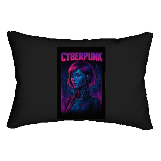 Cyberpunk Future: Neon Cityscape and Cyborg Lumbar Pillows
