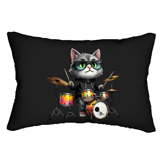 Gray Cat with Neon Drums Lumbar Pillows