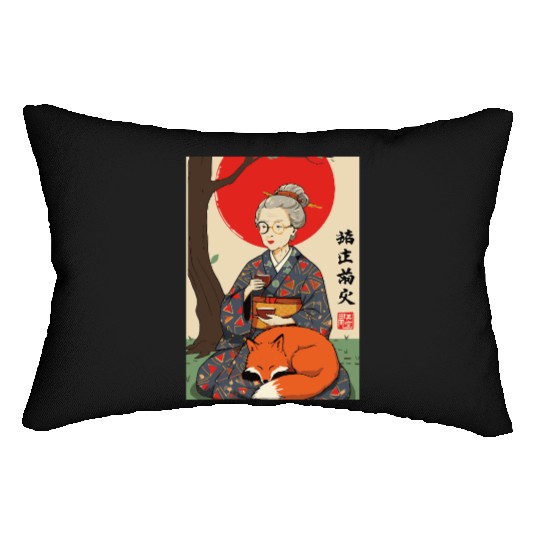 Older japanese mom sippin tea sitting with red fox Lumbar Pillows