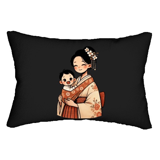 Elegant Asian Woman in Kimono Holding Baby Lumbar Pillows