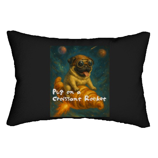 Pug on a Croissant Rocket Lumbar Pillows
