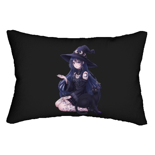 Dark Fantasy Anime Girl & Gothic Black Cat Art Lumbar Pillows
